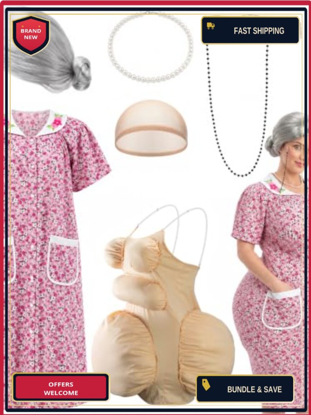 7 Piece Halloween Old Lady Costume Set Grandma Dress Fake Belly Wig